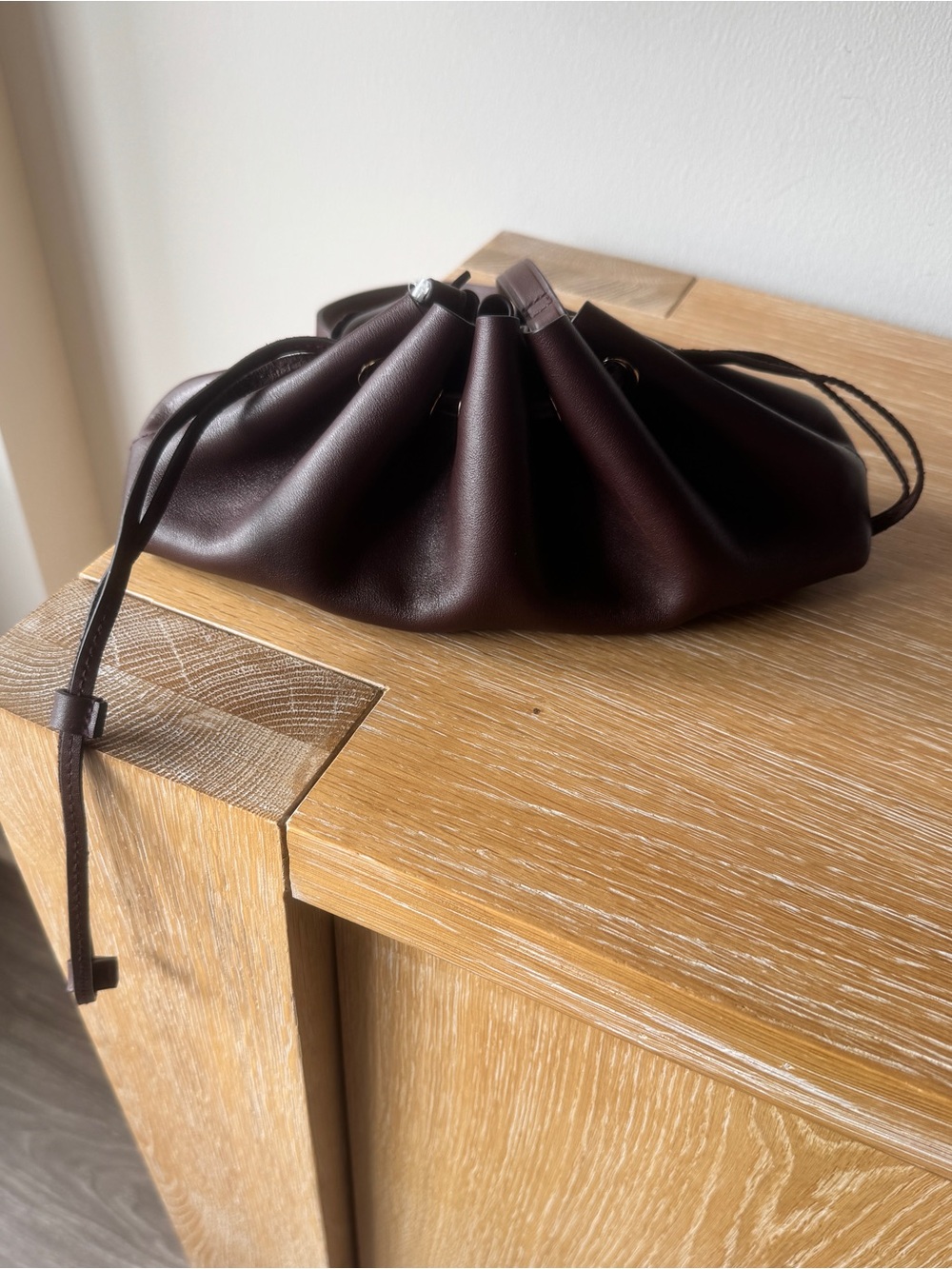 NWT MADEWELL Drawstring Clutch Mini Bag 100% Leather Chocolate Raisin NY176 - Picture 2 of 16